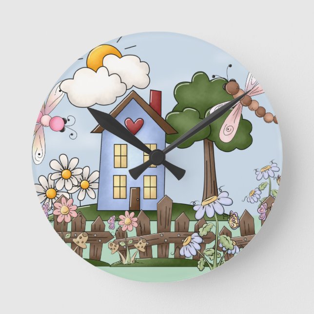 Cute Folk Dragonflies Flowers Blue House Round Clock (Front)