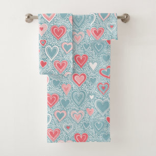Cute Folk Floral Heart Dusty Blue Blush Pink Girl Bath Towel Set