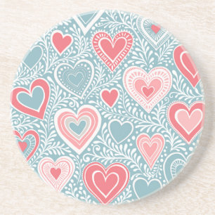 Cute Folk Floral Heart Dusty Blue Blush Pink Girl Coaster