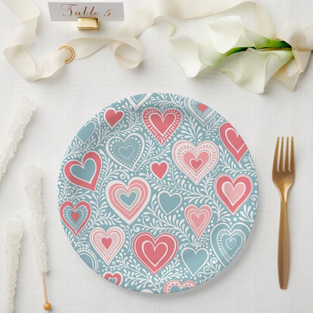  Cute Folk Floral Heart Dusty Blue Blush Pink Girl Paper Plates (Wedding)