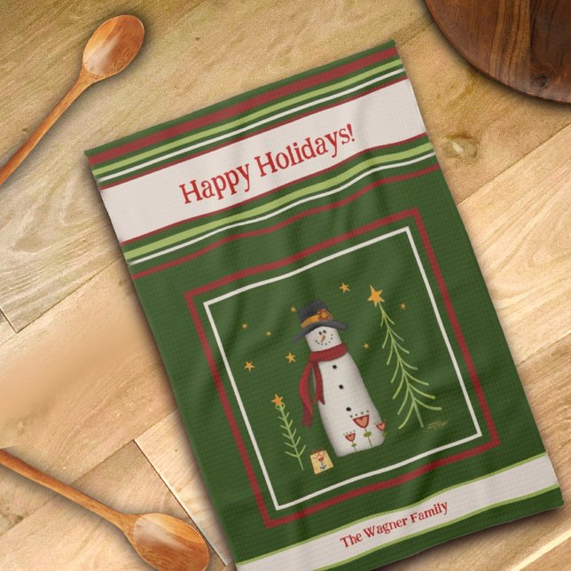 Cute Folk Snowman Personalized Christmas  Kitchen Towel (Creator Uploaded)