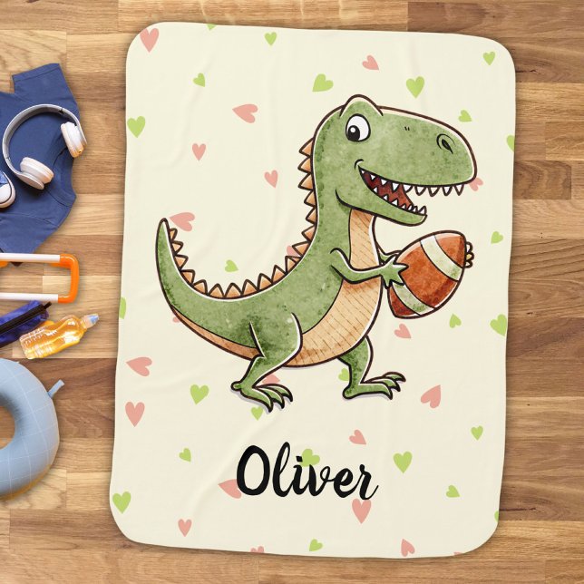 Cute Football Player Dinosaur Personalized Baby Blanket (Creator Uploaded)