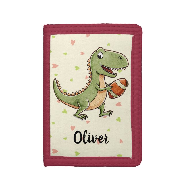 Cute Football Player Dinosaur Personalized Trifold Wallet (Front Vertical)