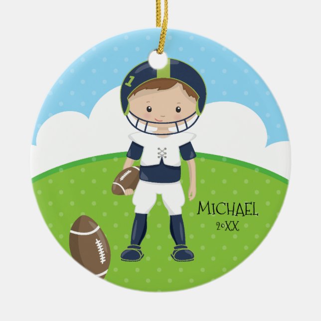 Cute Football Player Personalized Dated Christmas Ceramic Ornament (Front)