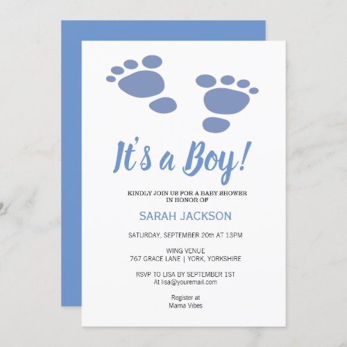 Cute Footprint Modern Blue Itâs a Boy Baby Shower  Invitation