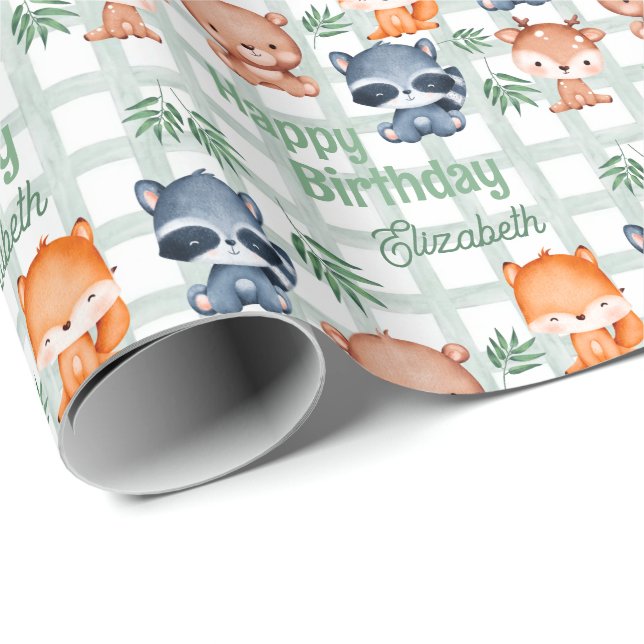 Cute Forest Animal Mint Checkered Kids Birthday Wrapping Paper (Roll Corner)