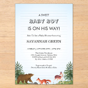 Cute Forest Animals Baby Boy Shower Design Acrylic Invitations