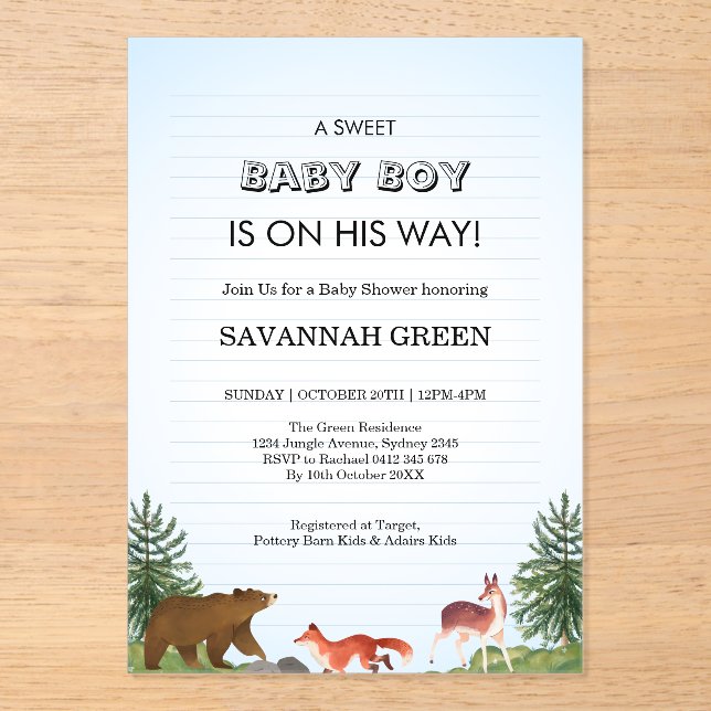 Cute Forest Animals Baby Boy Shower Design Acrylic Invitations (Front)