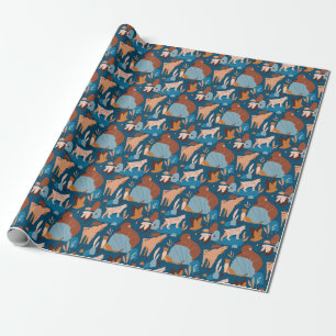 Cute forest animals, dark seamless design. wrapping paper