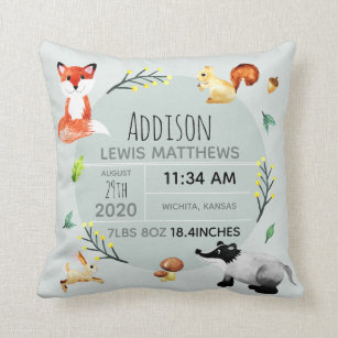 Cute Forest Animals Fox Name Baby Boy Birth Stats Throw Pillow