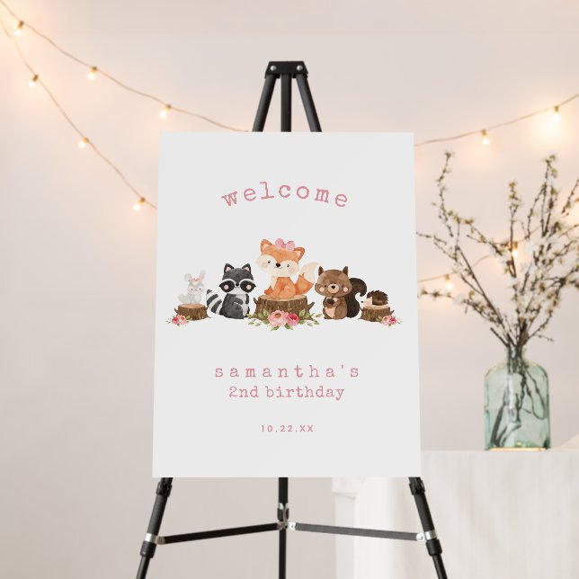 Cute Forest Animals Girl Birthday Welcome Sign (In Situ (Stand))