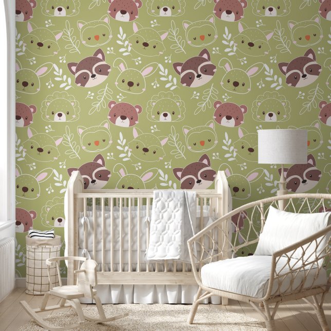Cute Forest Animals Green Pattern Wallpaper (Kids)