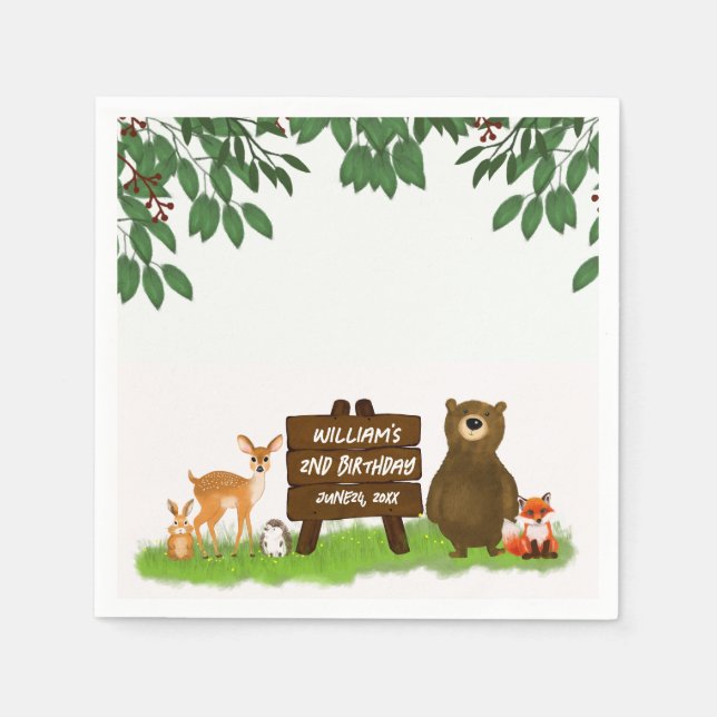 Cute Forest Animals Happy Woodland Kid's Birthday Napkins (Front)
