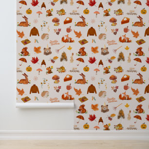 Cute forest animals mushrooms autumn leaves wallpaper