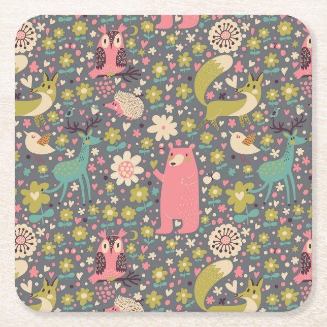 Cute Forest Animals Pattern Square Paper Coaster (Front)