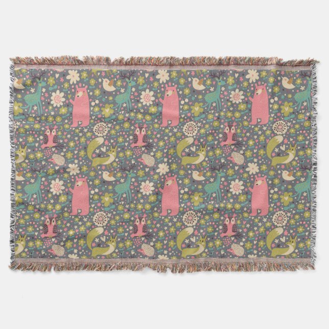 Cute Forest Animals Pattern Throw Blanket (Front)