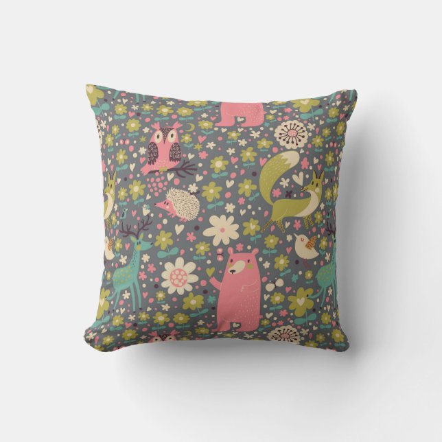 Cute Forest Animals Pattern Throw Pillow (Front)