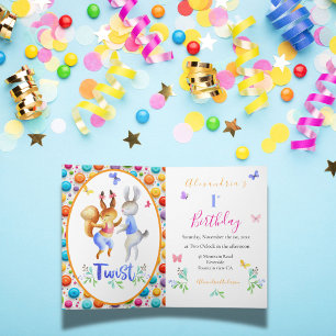 Cute Forest Animals Rabbits 1st Birthday Polka Dot Invitation