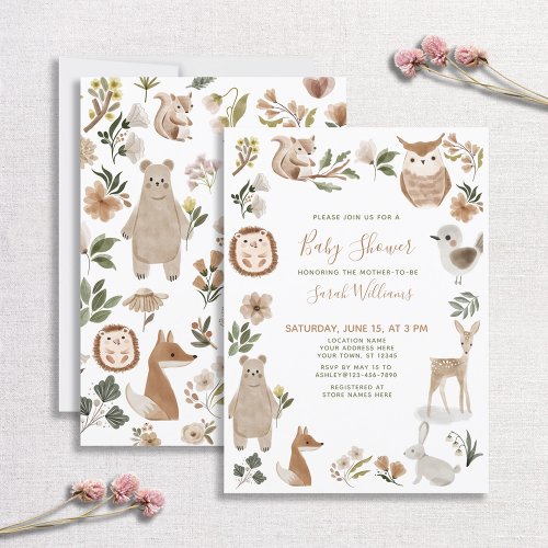 Cute Forest Animals Script Brown Boho Baby Shower Invitation