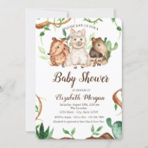 Cute Forest Animals Sheep Leaves Baby Shower Invitation