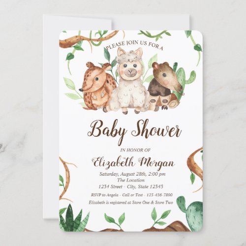 Cute Forest Animals Sheep Leaves Baby Shower Invitation