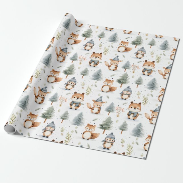 Cute Forest Animals Squirrels in Winter Wrapping Paper (Unrolled)