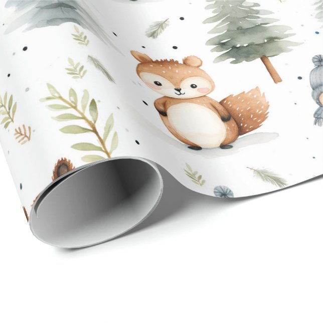 Cute Forest Animals Squirrels in Winter Wrapping Paper (Roll Corner)