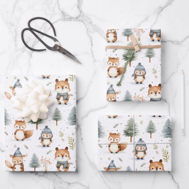 Cute Forest Animals Squirrels in Winter Wrapping Paper Sheets (Front)