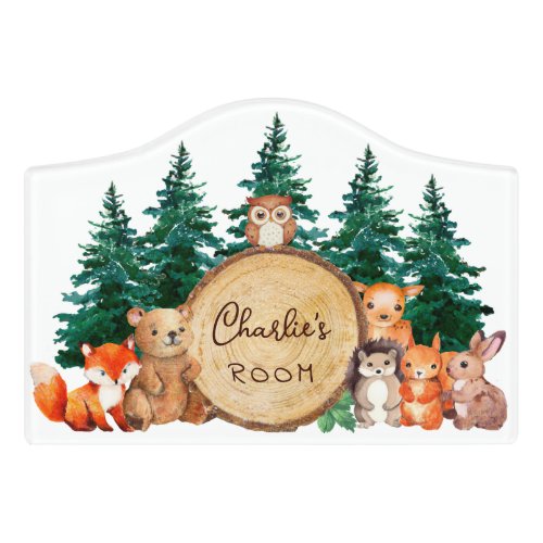 Cute Forest Animals Watercolor Kid Name Wood Log Door Sign