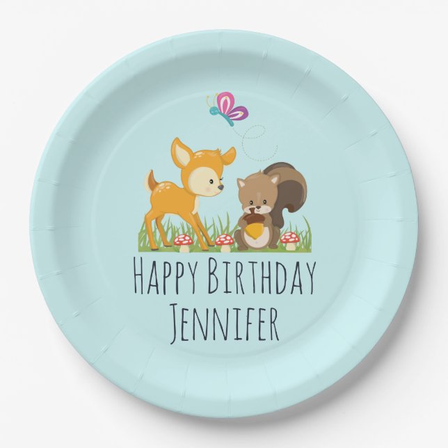 Cute Forest Animals Whimsical Birthday Party Paper Plates (Front)