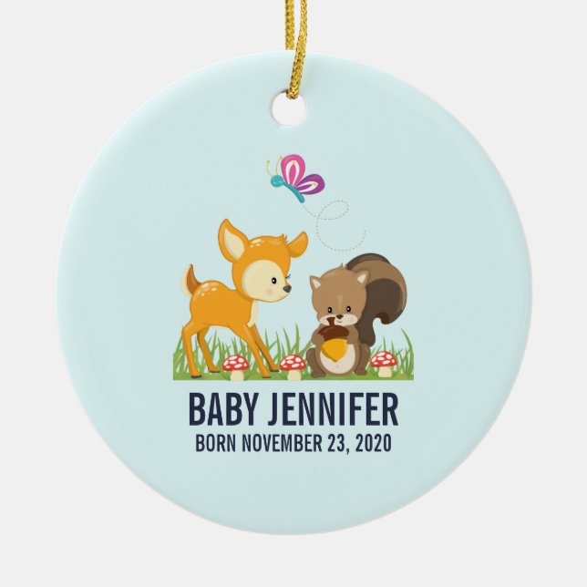 Cute Forest Animals Whimsical Cartoon Baby Birth Ceramic Ornament (Front)
