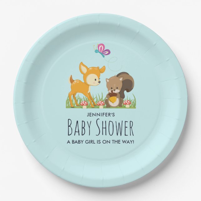 Cute Forest Animals Whimsical Cartoon Baby Shower Paper Plates (Front)