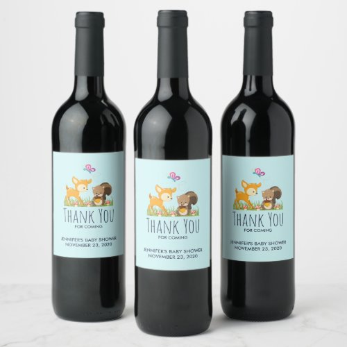 Cute Forest Animals Whimsical Cartoon Baby Shower Wine Label