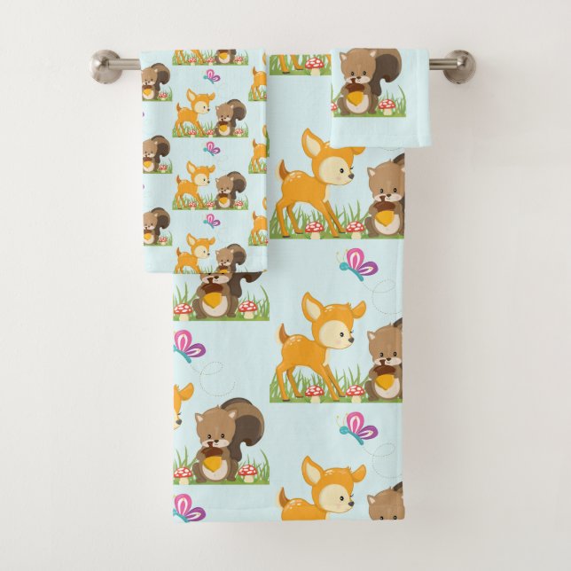 Cute Forest Animals Whimsical Cartoon Pattern Bath Towel Set (Insitu)