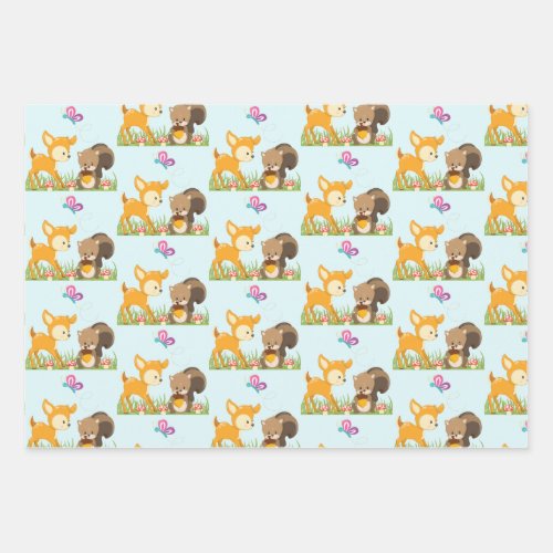 Cute Forest Animals Whimsical Cartoon Pattern Wrapping Paper Sheets