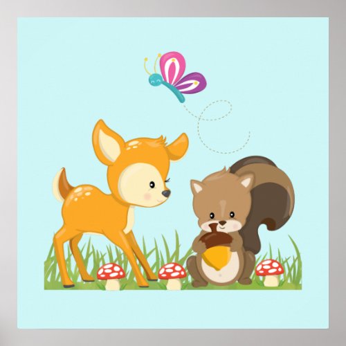 Cute Forest Animals Whimsical Cartoon Poster