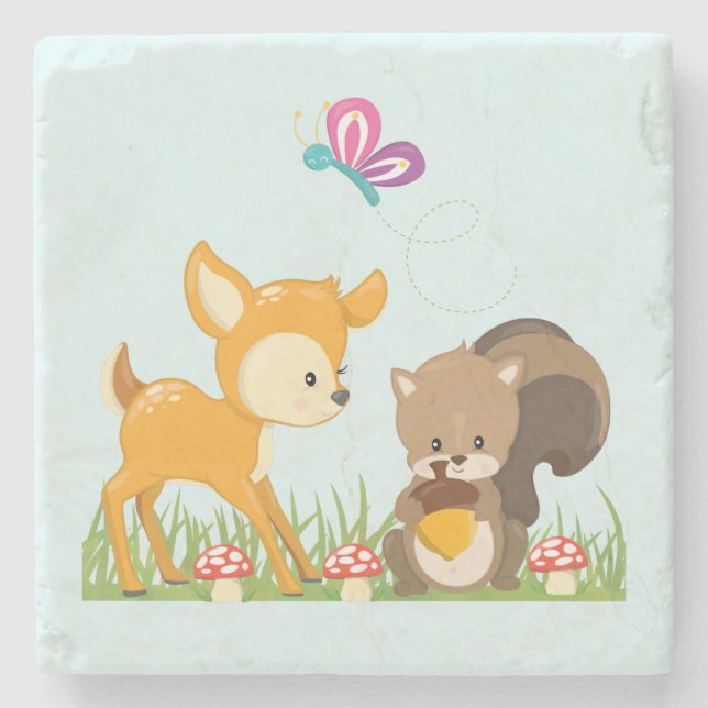 Cute Forest Animals Whimsical Cartoon Stone Coaster (Front)