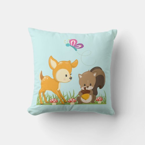 Cute Forest Animals Whimsical Cartoon Throw Pillow