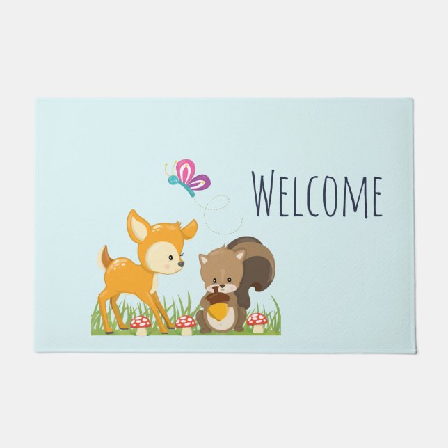 Cute Forest Animals Whimsical Cartoon Welcome Doormat (Front)