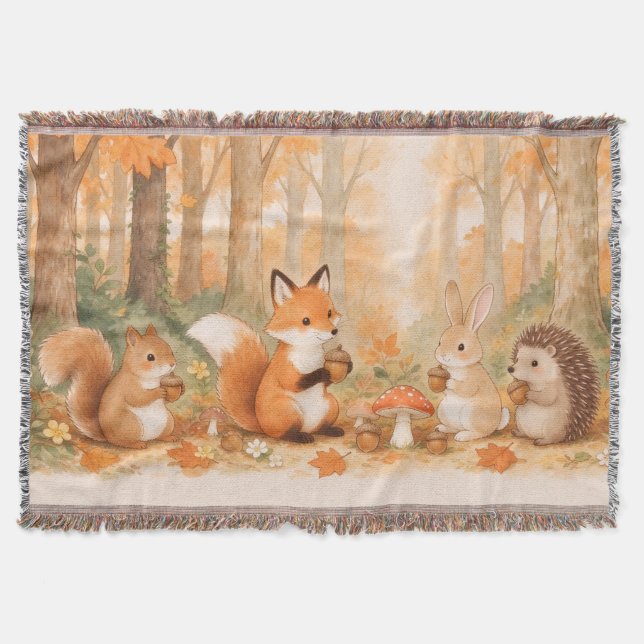 Cute Forest Animals With Custom Name Throw Blanket (Front)