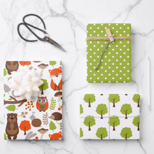 Cute Forest Animals Wrapping Paper Set of 3