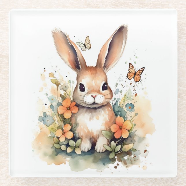 Cute Forest Baby Bunny Nursery Art Glass Coaster (Front)