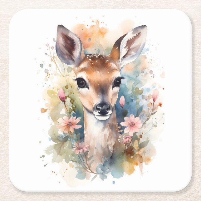 Cute Forest Baby Dear Pints Nursery Art Square Paper Coaster (Front)