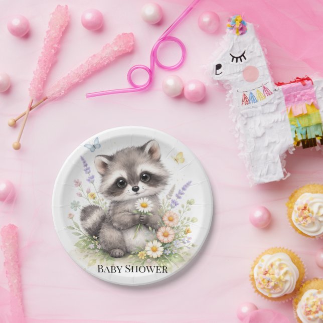Cute Forest Baby Raccoon Baby Shower  Paper Plates (Party)