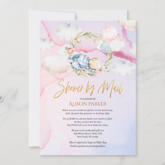 Cute Forest Bear Cloud Sleep | Baby Shower By Mail Invitation (Front)