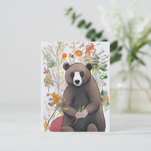 Cute Forest Bear with Spring Flowers Nature Art Postcard