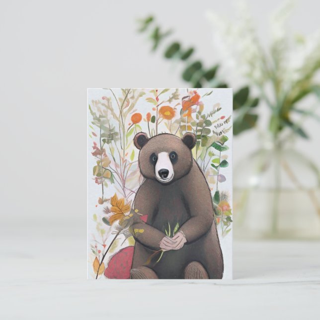 Cute Forest Bear with Spring Flowers Nature Art Postcard (Standing Front)