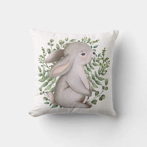 Cute Forest Bunny Rabbit Woodland Greenery Nursery Throw Pillow