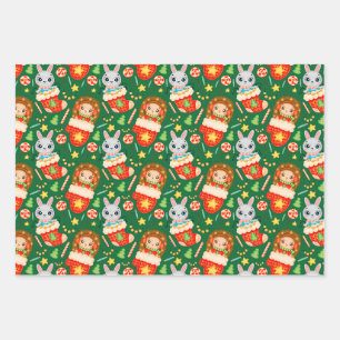 Cute Forest Christmas Animals, Stockings, Mittens Wrapping Paper Sheets