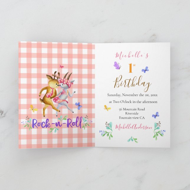 Cute Forest Deer Waltzing Red Gingham Party Invitation (Inside)